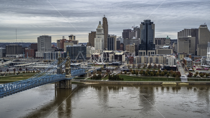 The bridge and river with view of city skyline, Downtown Cincinnati, Ohio Aerial Stock Photo DXP001_097_0003 | Axiom Images
