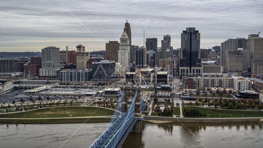 The city skyline, and bridge over the Ohio River, Downtown Cincinnati, Ohio Aerial Stock Photo DXP001_097_0004 | Axiom Images