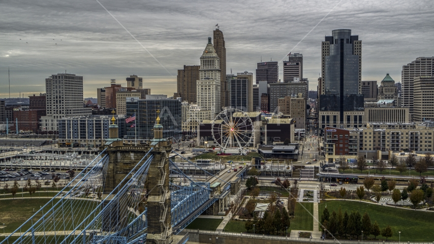 A view of the city skyline from the Roebling Bridge over the Ohio River, Downtown Cincinnati, Ohio Aerial Stock Photo DXP001_097_0005 | Axiom Images