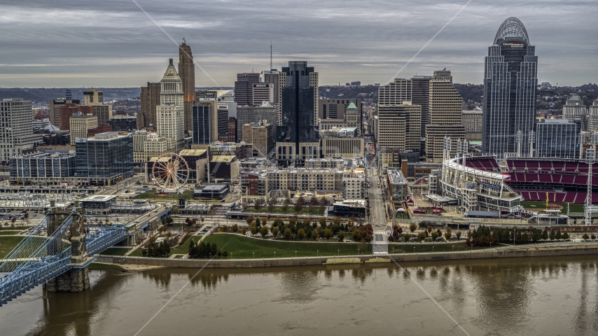 The Ferris wheel and city skyline seen from the Ohio River, Downtown Cincinnati, Ohio Aerial Stock Photo DXP001_097_0006 | Axiom Images