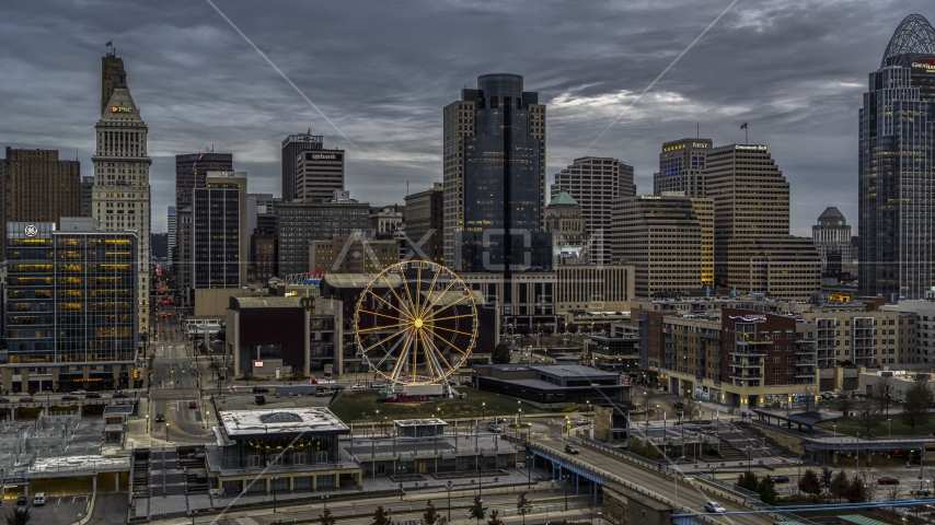 The Ferris wheel and the city skyline at sunset, Downtown Cincinnati, Ohio Aerial Stock Photo DXP001_097_0010 | Axiom Images