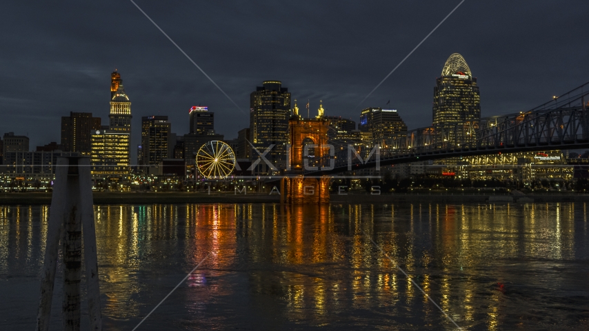 The city's downtown skyline across the Ohio River at twilight, Downtown Cincinnati, Ohio Aerial Stock Photo DXP001_098_0016 | Axiom Images