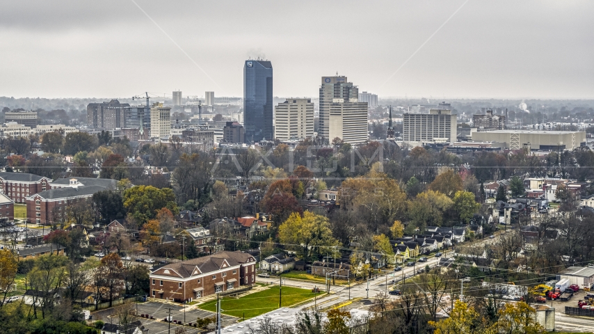 The city skyline seen from residential neighborhoods, Downtown Lexington, Kentucky Aerial Stock Photo DXP001_099_0001 | Axiom Images