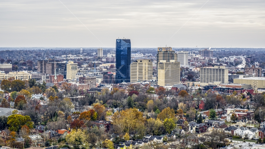 The city skyline seen from residential neighborhoods, Downtown Lexington, Kentucky Aerial Stock Photo DXP001_099_0002 | Axiom Images