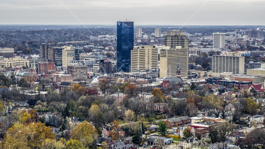 The city skyline's skyscrapers in in Downtown Lexington, Kentucky Aerial Stock Photo DXP001_099_0005 | Axiom Images