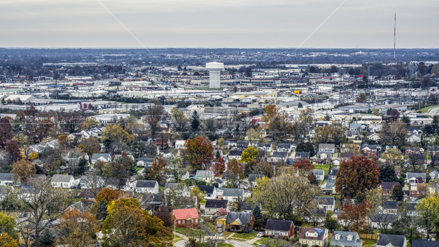 A water tower surrounded by warehouse buildings in Lexington, Kentucky Aerial Stock Photo DXP001_099_0016 | Axiom Images