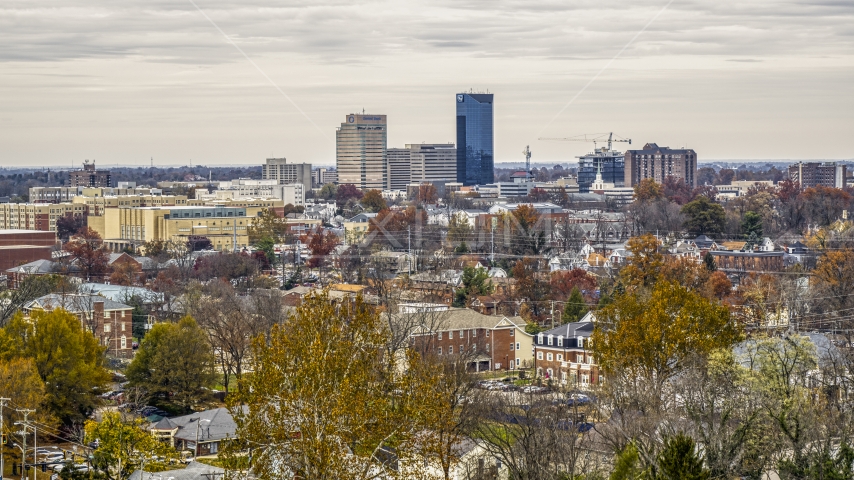 A wide view of the city's skyline in Downtown Lexington, Kentucky Aerial Stock Photo DXP001_100_0004 | Axiom Images