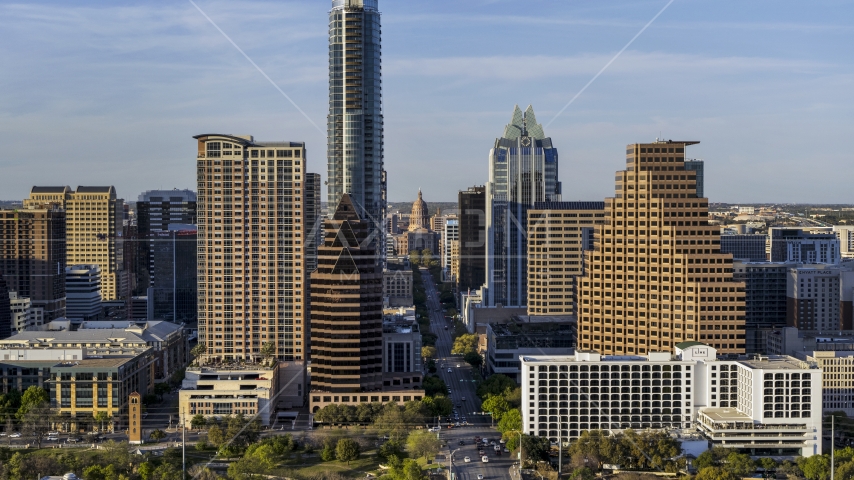 Downtown skyscrapers and the state capitol in Downtown Austin, Texas Aerial Stock Photo DXP002_000_0001 | Axiom Images