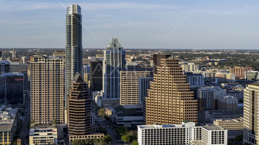 Towering skyscrapers in Downtown Austin, Texas Aerial Stock Photo DXP002_000_0002 | Axiom Images