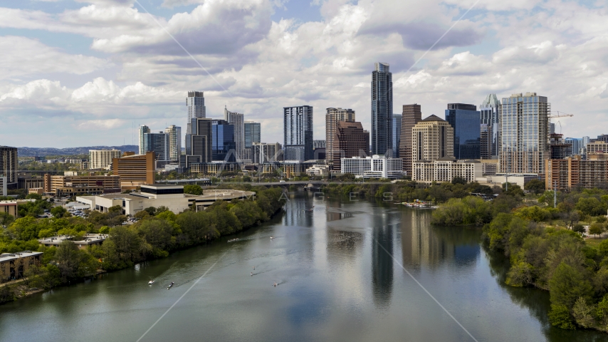 A view of the city skyline and Lady Bird Lake in Downtown Austin, Texas Aerial Stock Photo DXP002_102_0019 | Axiom Images