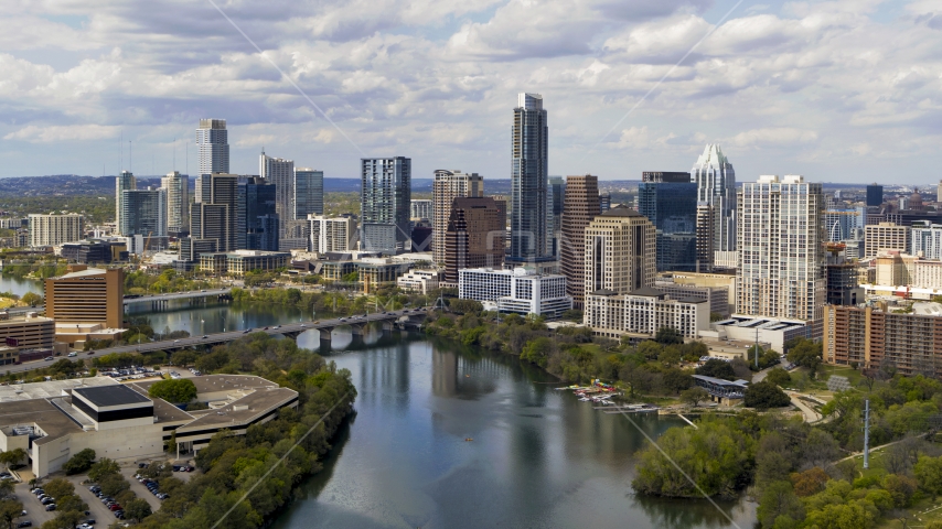 The city skyline by Lady Bird Lake, Downtown Austin, Texas Aerial Stock Photo DXP002_102_0022 | Axiom Images