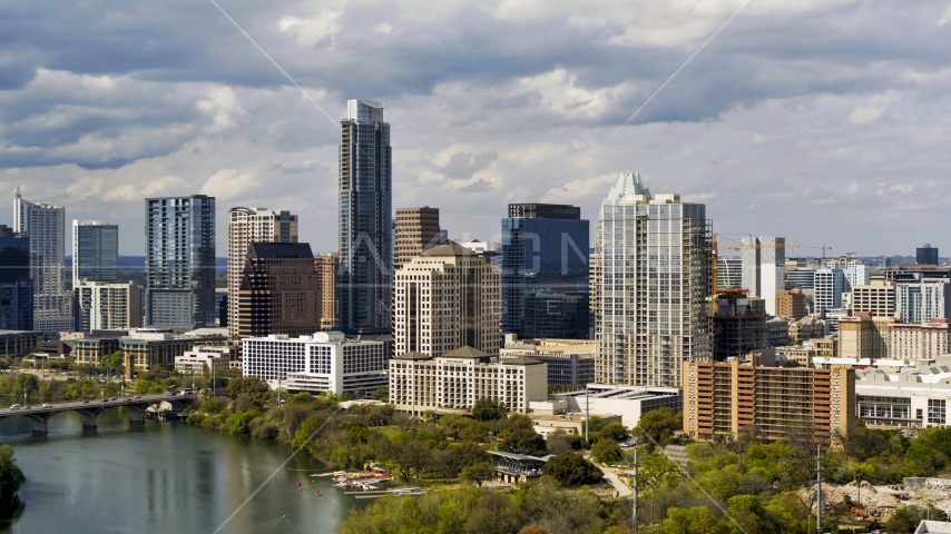 A view of skyscrapers and high-rise buildings in Downtown Austin, Texas Aerial Stock Photo DXP002_103_0003 | Axiom Images