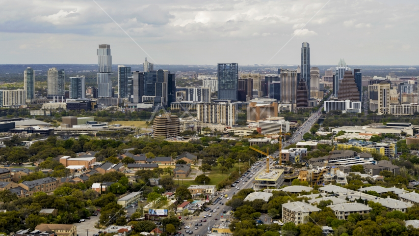 A view of the Downtown Austin, Texas skyline Aerial Stock Photo DXP002_103_0010 | Axiom Images
