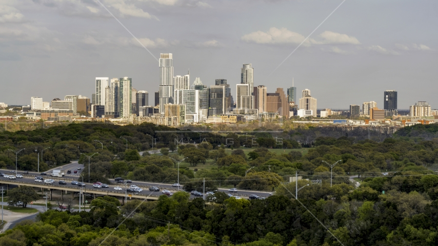 A wide view of city skyline, Downtown Austin, Texas Aerial Stock Photo DXP002_104_0006 | Axiom Images