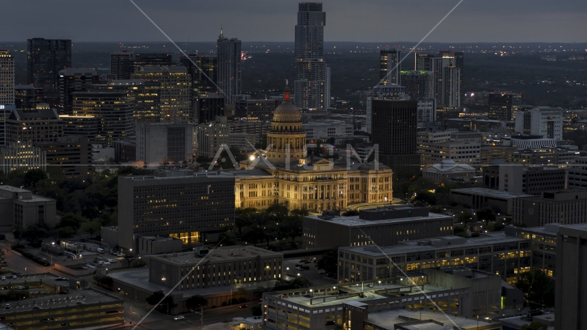 The Texas State Capitol at twilight in Downtown Austin, Texas Aerial Stock Photo DXP002_105_0022 | Axiom Images