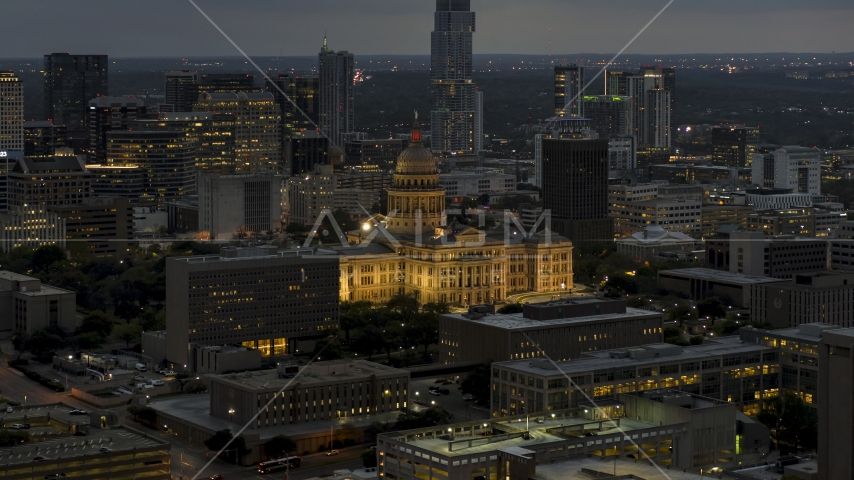 The state capitol building at twilight in Downtown Austin, Texas Aerial Stock Photo DXP002_105_0023 | Axiom Images