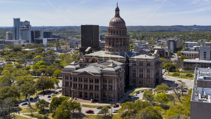 A view of one side of the Texas State Capitol in Downtown Austin, Texas Aerial Stock Photo DXP002_107_0003 | Axiom Images