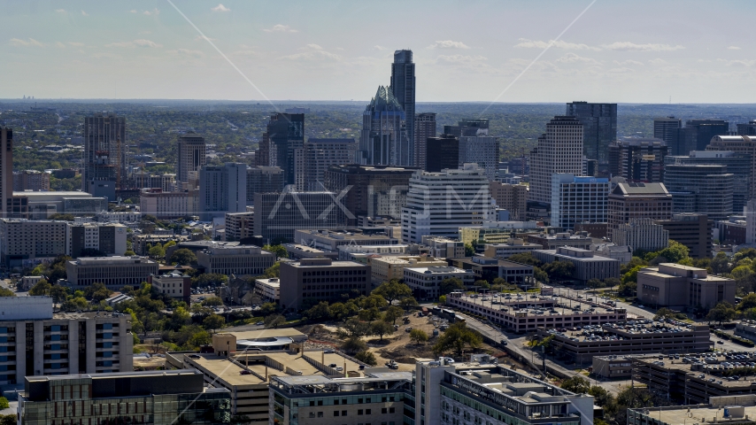 A view of the city's skyline in Downtown Austin, Texas Aerial Stock Photo DXP002_108_0004 | Axiom Images