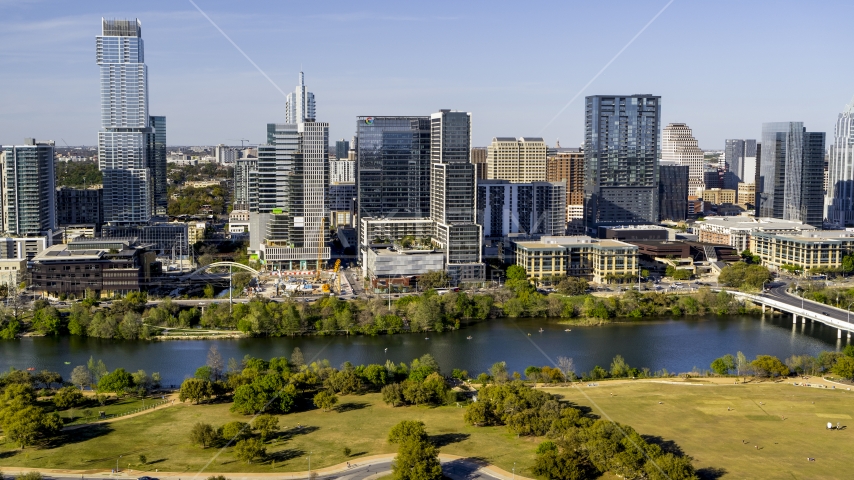 The Northshore skyscraper on the other side of Lady Bird Lake, Downtown Austin, Texas Aerial Stock Photo DXP002_109_0011 | Axiom Images