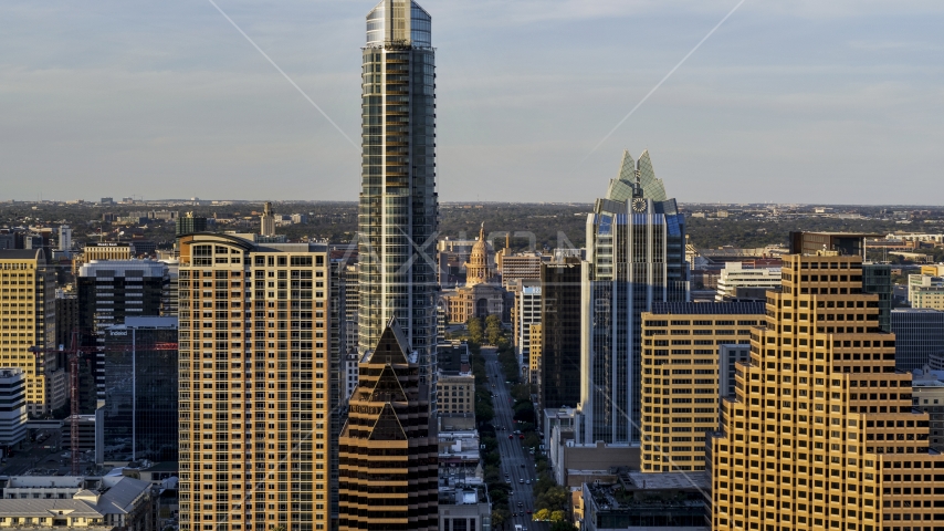 A view of skyscrapers and the Texas State Capitol in Downtown Austin, Texas Aerial Stock Photo DXP002_109_0018 | Axiom Images
