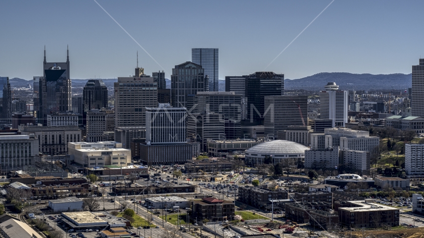The city's skyline in Downtown Nashville, Tennessee Aerial Stock Photo DXP002_112_0009 | Axiom Images