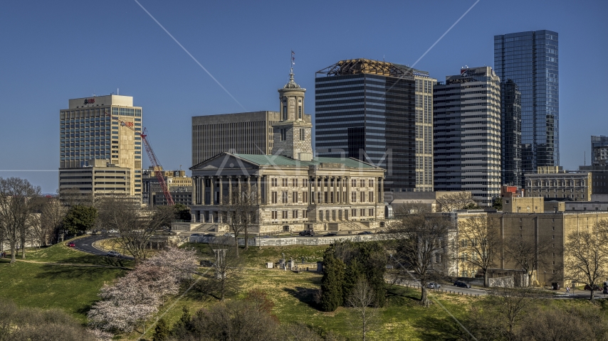 The Tennessee State Capitol building in Downtown Nashville, Tennessee Aerial Stock Photo DXP002_113_0006 | Axiom Images