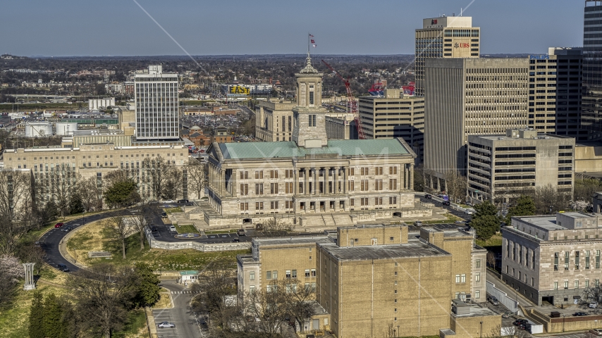 A view of the side of the Tennessee State Capitol building in Downtown Nashville, Tennessee Aerial Stock Photo DXP002_113_0007 | Axiom Images