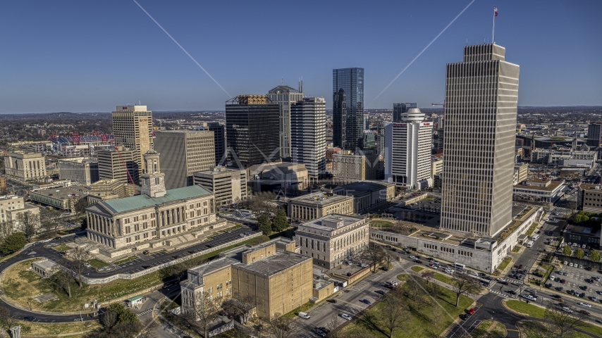 The Tennessee State Capitol near skyscrapers and Tennessee Tower in Downtown Nashville, Tennessee Aerial Stock Photo DXP002_114_0003 | Axiom Images