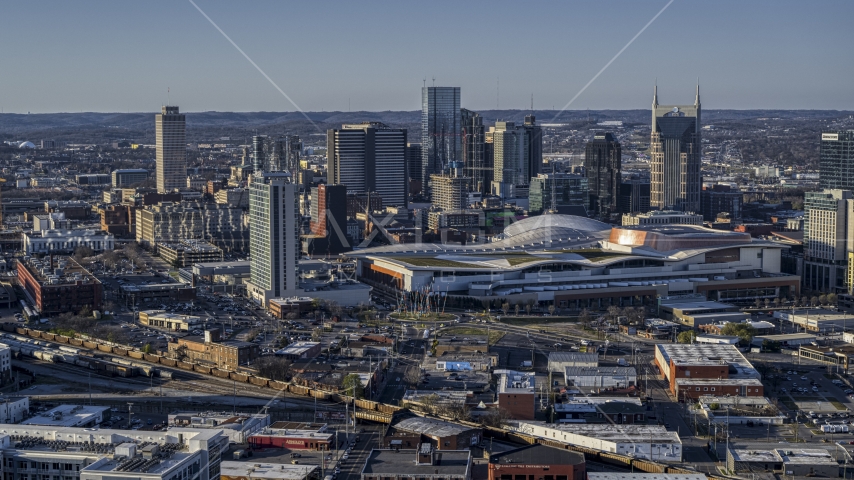 The convention center and skyline in Downtown Nashville, Tennessee Aerial Stock Photo DXP002_114_0006 | Axiom Images