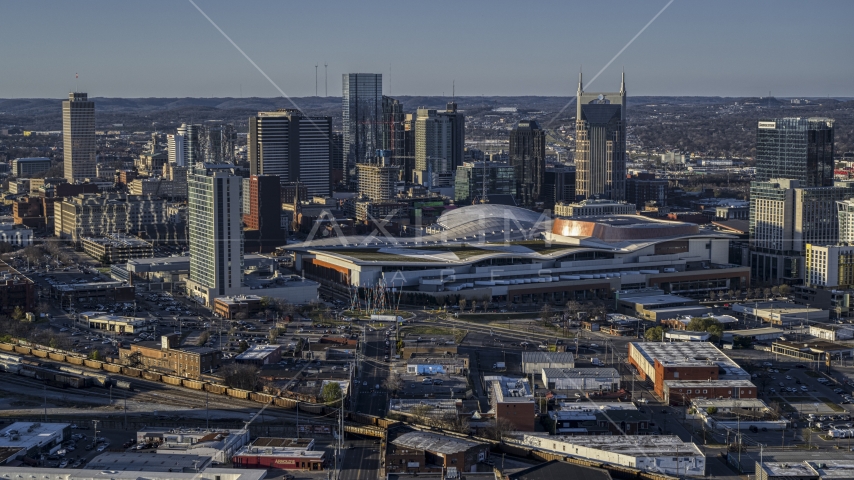 The city skyline and the convention center in Downtown Nashville, Tennessee Aerial Stock Photo DXP002_114_0007 | Axiom Images