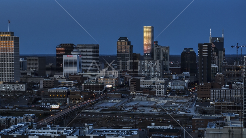 The city's skyline at twilight in Downtown Nashville, Tennessee Aerial Stock Photo DXP002_115_0004 | Axiom Images