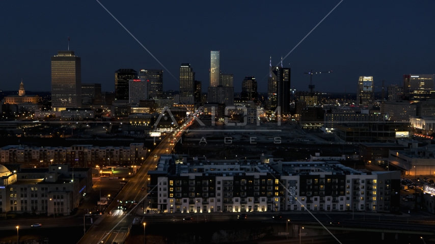The city skyline at twilight, Downtown Nashville, Tennessee Aerial Stock Photo DXP002_115_0013 | Axiom Images