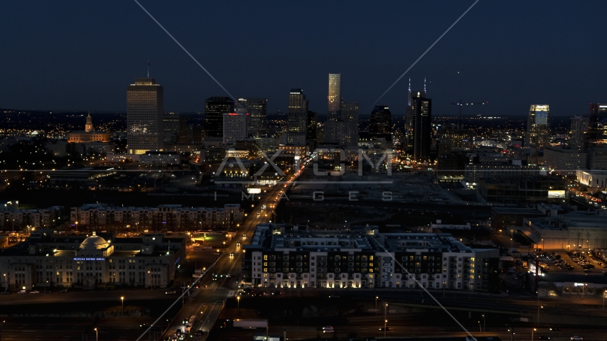 A wide view of the downtown skyline at twilight, Downtown Nashville, Tennessee Aerial Stock Photo DXP002_115_0014 | Axiom Images