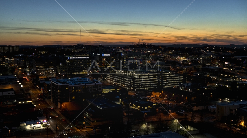 A hospital complex at twilight, Nashville, Tennessee Aerial Stock Photo DXP002_115_0015 | Axiom Images