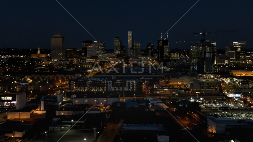 A view of the city skyline at night, Downtown Nashville, Tennessee Aerial Stock Photo DXP002_115_0018 | Axiom Images