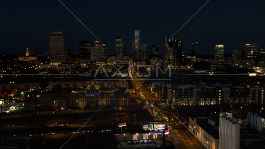The city skyline at night seen from Church Street, Downtown Nashville, Tennessee Aerial Stock Photo DXP002_115_0019 | Axiom Images