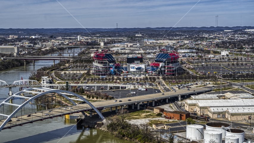 A view of Nissan Stadium from bridge in Nashville, Tennessee Aerial Stock  Photo DXP002_116_0017