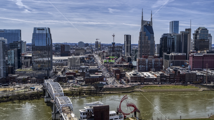 A view of Broadway across the Cumberland River, Downtown Nashville, Tennessee Aerial Stock Photo DXP002_117_0007 | Axiom Images
