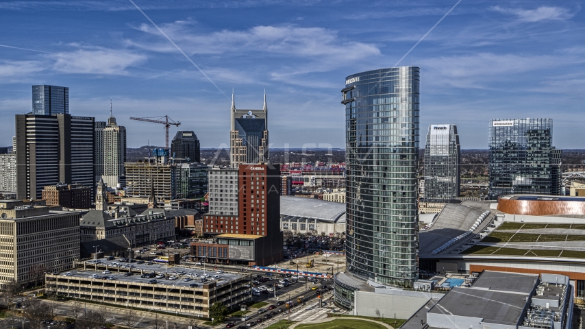 The JW Marriott hotel near skyscrapers in Downtown Nashville, Tennessee Aerial Stock Photo DXP002_118_0007 | Axiom Images
