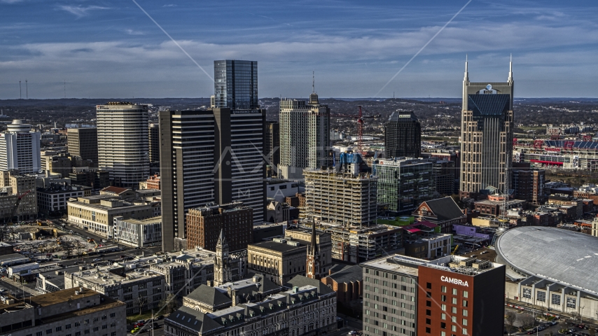 A view of Renaissance Hotel in Downtown Nashville, Tennessee Aerial Stock Photo DXP002_119_0001 | Axiom Images