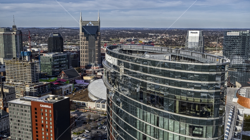 The top of the JW Marriott with view of AT&T Building, Downtown Nashville, Tennessee Aerial Stock Photo DXP002_119_0003 | Axiom Images