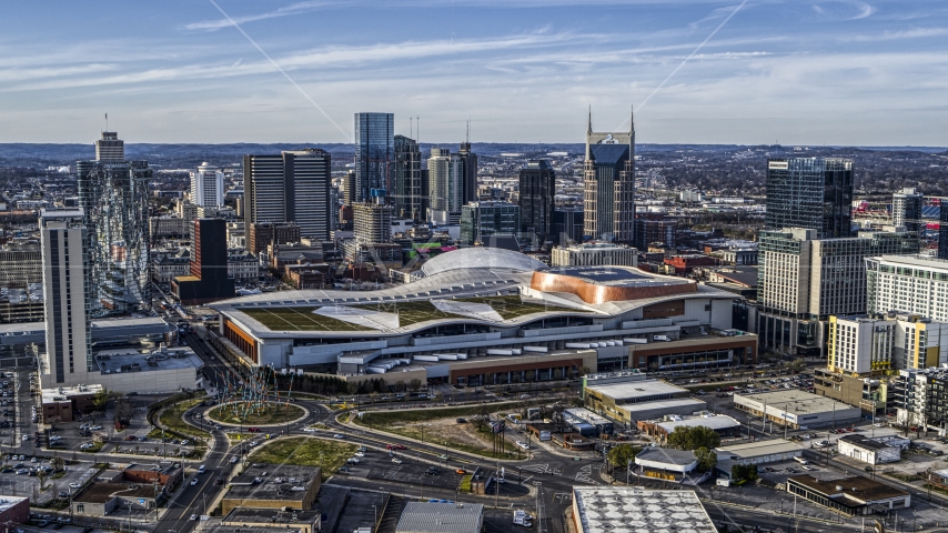 The city skyline and Nashville Music City Center, Downtown Nashville, Tennessee Aerial Stock Photo DXP002_119_0004 | Axiom Images