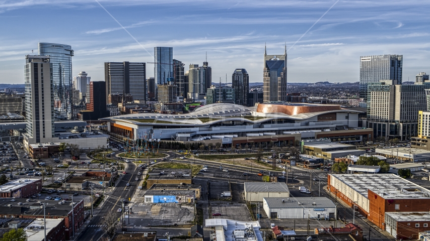 The Nashville Music City Center near the city's skyline, Downtown Nashville, Tennessee Aerial Stock Photo DXP002_119_0006 | Axiom Images