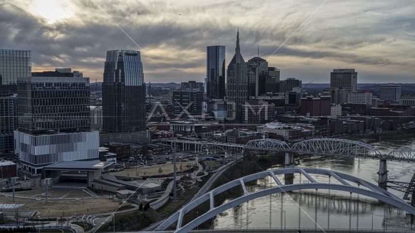 The AT&T Building and city skyscrapers at sunset, Downtown Nashville, Tennessee Aerial Stock Photo DXP002_119_0013 | Axiom Images