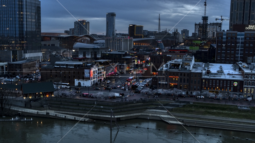 Busy Broadway at twilight, Downtown Nashville, Tennessee Aerial Stock Photo DXP002_120_0011 | Axiom Images