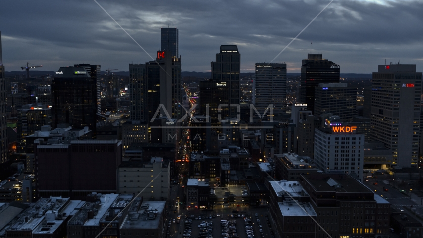 A group of tall skyscrapers at twilight, Downtown Nashville, Tennessee Aerial Stock Photo DXP002_120_0015 | Axiom Images