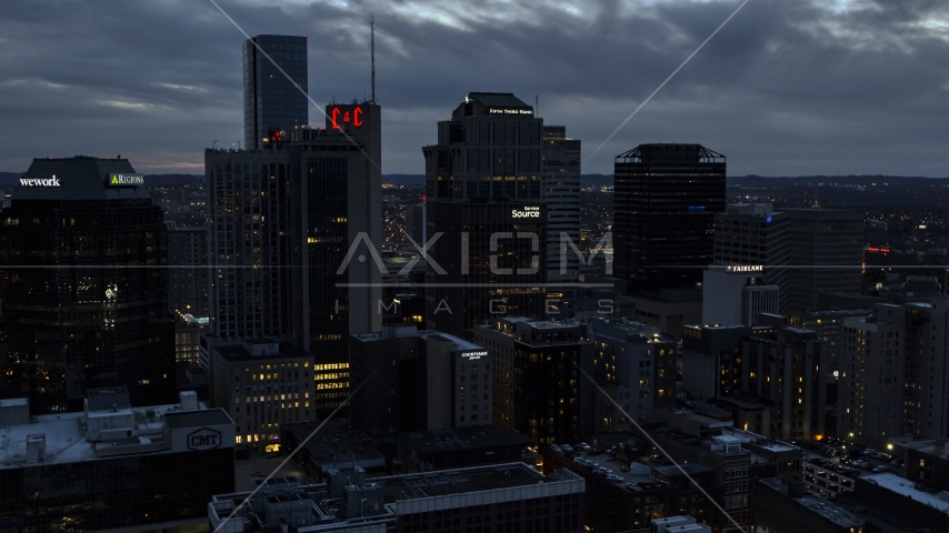 Tall skyscrapers at twilight in Downtown Nashville, Tennessee Aerial Stock Photo DXP002_120_0016 | Axiom Images