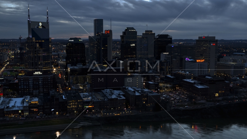 The AT&T Building and tall skyscrapers at twilight, Downtown Nashville, Tennessee Aerial Stock Photo DXP002_120_0017 | Axiom Images