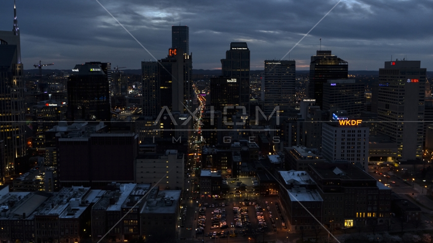 Downtown skyscrapers at twilight in Downtown Nashville, Tennessee Aerial Stock Photo DXP002_120_0019 | Axiom Images