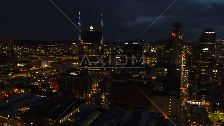 A close-up view of the AT&T Building at twilight, Downtown Nashville, Tennessee Aerial Stock Photo DXP002_121_0011 | Axiom Images